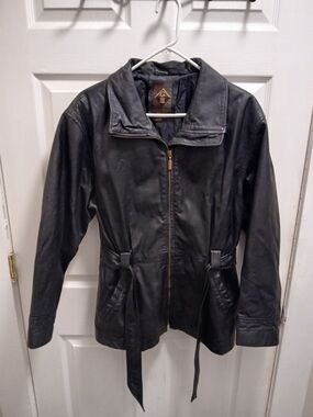 Women's Black Leather Zip-Front Jacket with Waist Tie